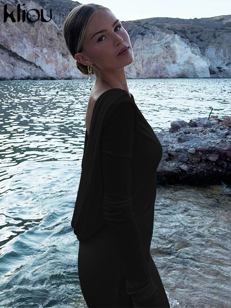 Solid Elegant Women Maxi Dress Simple Fall Classic Trend Full Sleeve Swinging Backless Sheath Vestidos Mujer Evening Robe