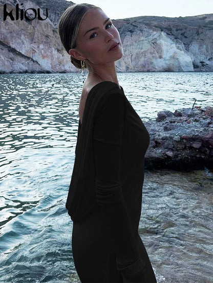Solid Elegant Women Maxi Dress Simple Fall Classic Trend Full Sleeve Swinging Backless Sheath Vestidos Mujer Evening Robe