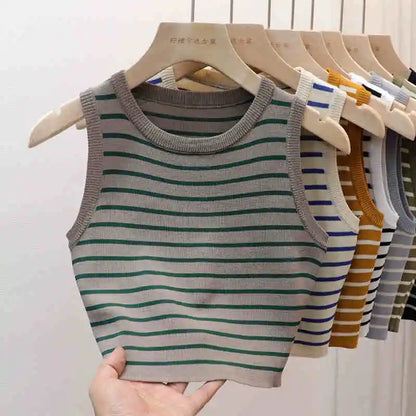 2026 Spring Summer New Sleeveless Ice Silk Knit Tank Top Striped O-Neck Women'S Camisole Slim Fit Versatile Sexy Crop Tops