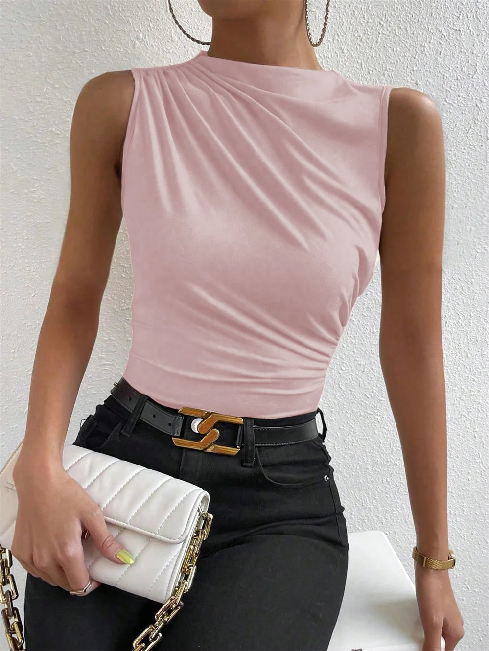 Trendy Summer 2024 Women's Ruched Mock Neck Tank Top - Chic Solid Color Sleeveless Tee for Casual Streetwear