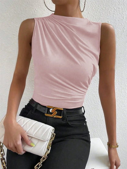 Trendy Summer 2024 Women's Ruched Mock Neck Tank Top - Chic Solid Color Sleeveless Tee for Casual Streetwear