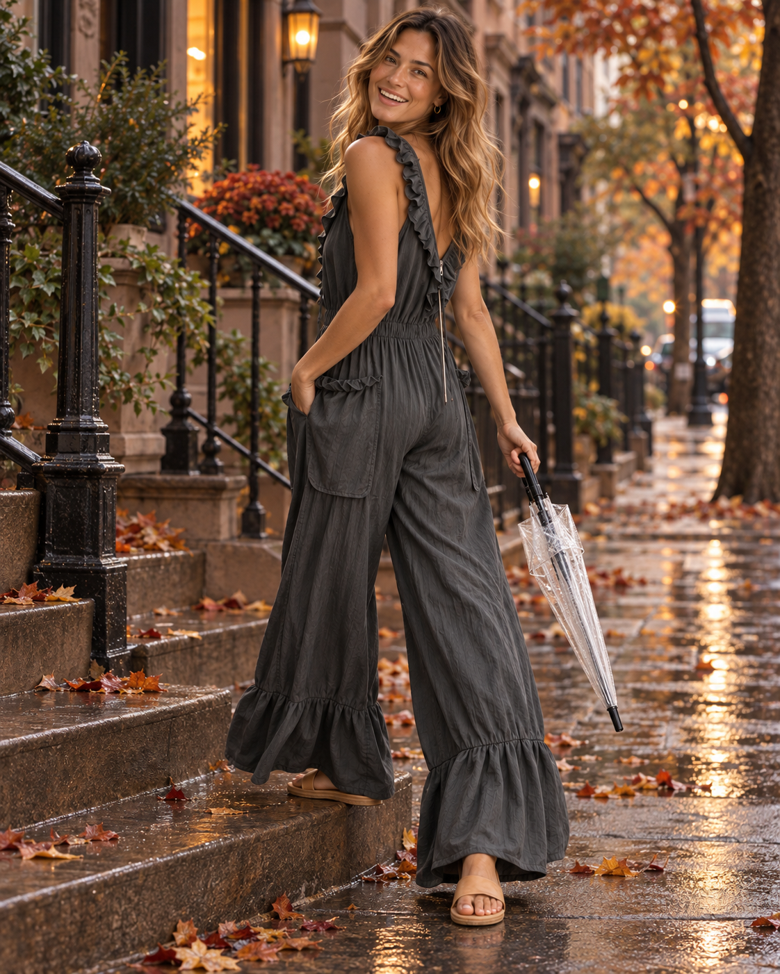 Ruffled V-neck wide leg jumpsuit in charcoal styled for fall